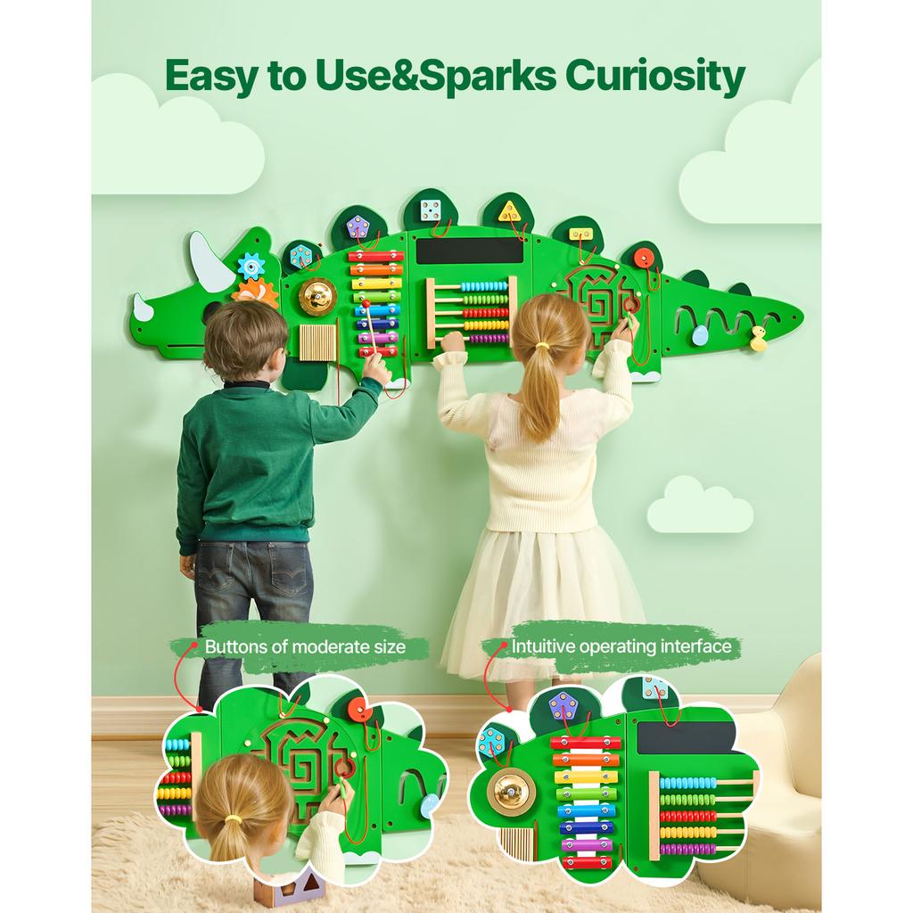 SucceBuy Dinosaur Kids Busy Wall Board 11 Activity Panels Montessori Sensory Learning Toys for 3-12 Toddler Playroom Toy Gift