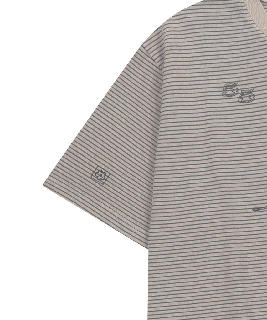 SLOWACID Pigment Stripe Stamp Short Sleeve T-Shirt [Oatmeal]