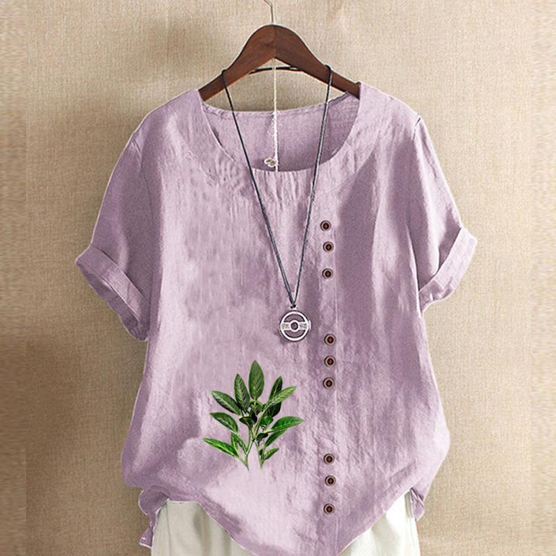 Women's Fashion Green Leaf Prined Round Neck Short Sleeve T-shirt Casual Cotton Linen Graphic Shirt Leisure Loose Summer Blouse Tops