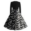 Women Vintage Long Sleeve Square Neck Bat Print Evening Party Dress Halloween Costume Retro Style Waist Flared Skirt