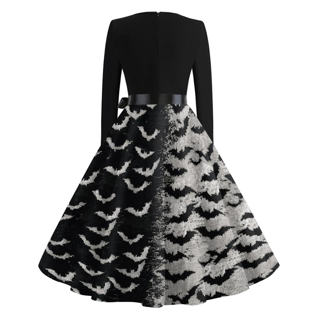 Women Vintage Long Sleeve Square Neck Bat Print Evening Party Dress Halloween Costume Retro Style Waist Flared Skirt