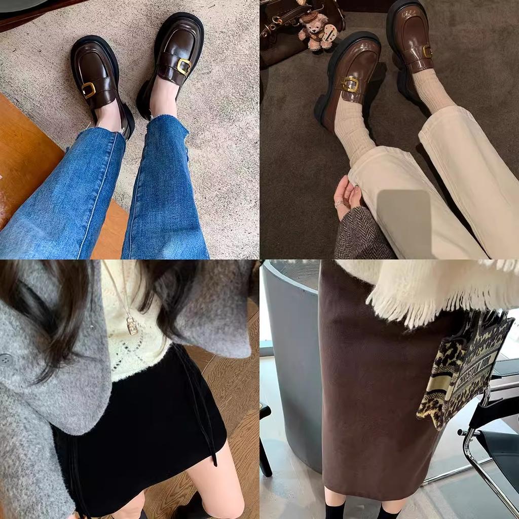 Cowhide version of extravagant gold buckle square round head leather lazy thick heel female autumn