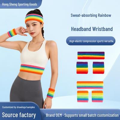 Colorful Cotton Sweatband Set: Rainbow Wristband & Headband for Sports Running - High Elasticity & Sweat-Absorbent Unisex Head Protection
