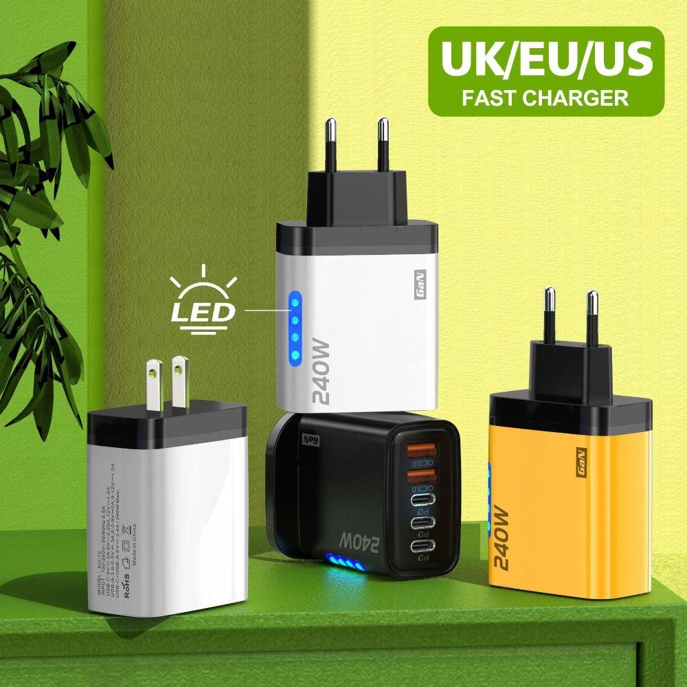 5 Ports Phone Charger Adapter With Light USB C Charger 240W Charger Plug for iPhone/Xiaomi/Samsung