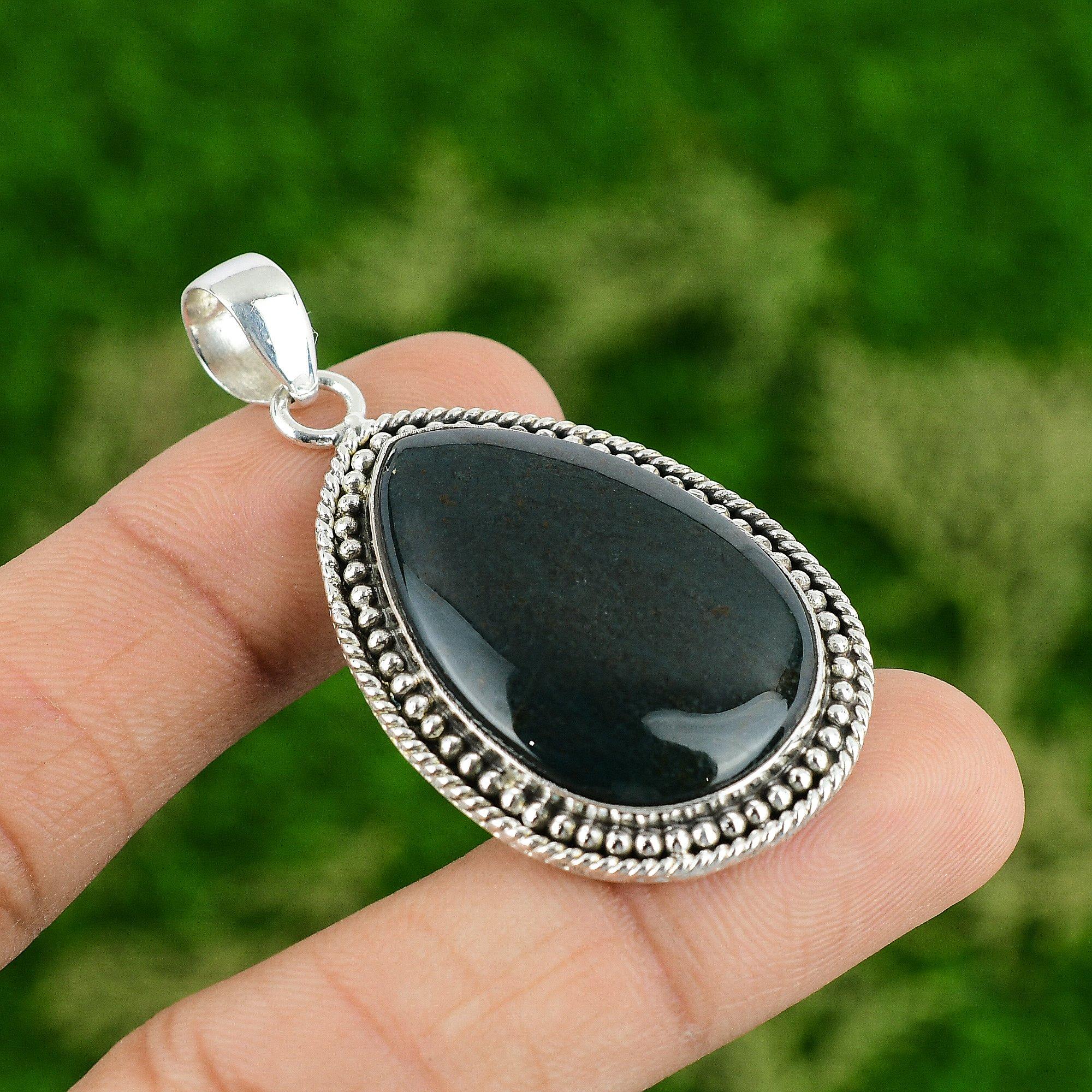 

Sterling Silver March Pear Natural Bloodstone Birthday Wife Anniversary Pendant