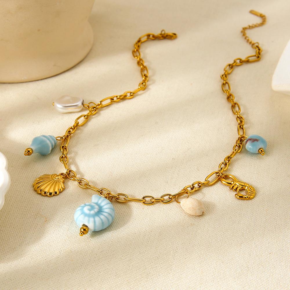 Ocean vacation style ceramic conch seahorse shell DIY pendant necklace plated 18K gold stainless steel jewelry women