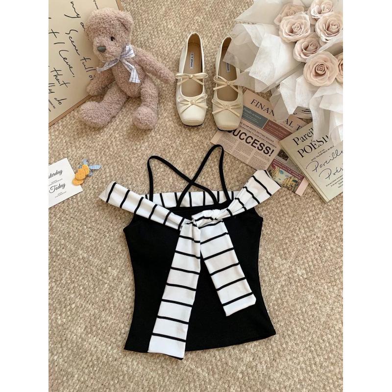 

25th Anniversary Korean Striped Patchwork One-Shoulder Steel Boned Slim Fit Camisole One Size [suitable for 75-115 lbs]
