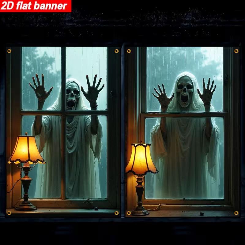 

2D Halloween Ghost Skeleton Window Banner, Scary Party Door Decoration 47.2x31.5inch/120*80cm