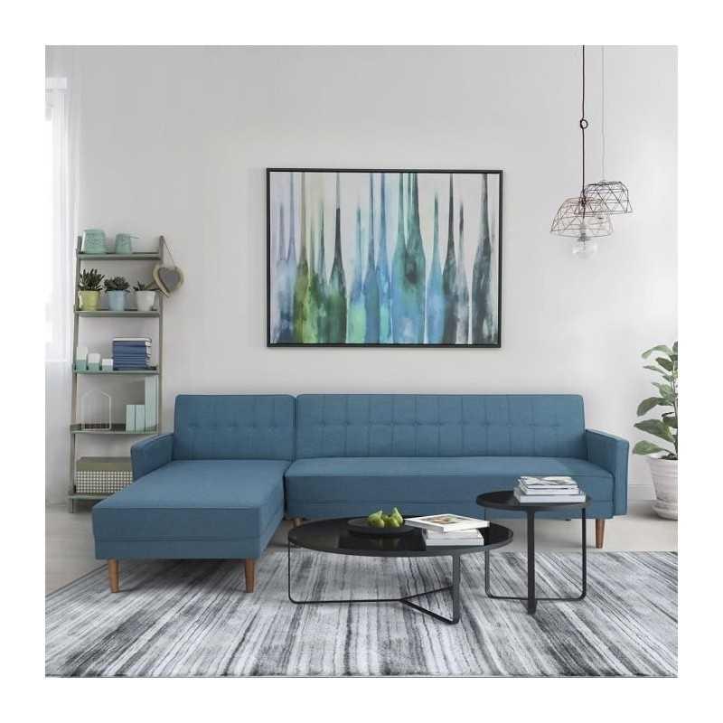 Imania Canapé D'angle Réversible 3 Places Tissu Bleu Pieds En Bois Adimaniacctbl