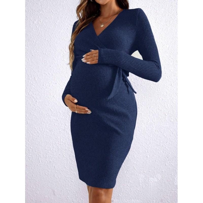 Maternity Knit Dress With V-Neck Long