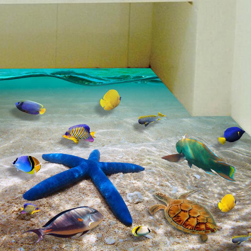 Aftagelig Strand Hav 3D Vægklistermærke, 60x90cm, Vandtætte Søstjerne Gulvklistermærker Vægdekorationer til Børneværelse Vuggestueindretning