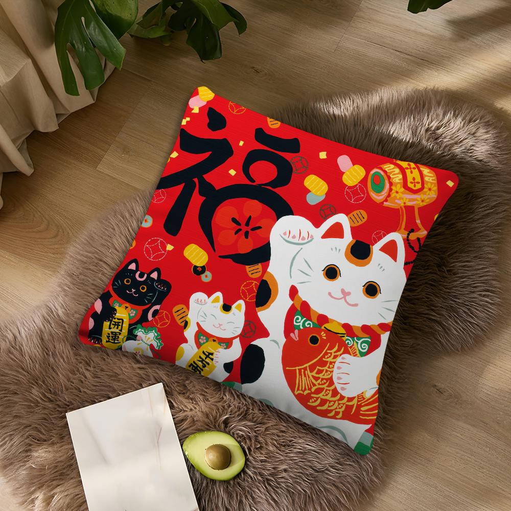 Maneki Neko Rich Luck Money Cat Cushion For Bedroom Car Coffee Shop Room Soft and Living Room Sofa Decorative Pillow Cover Case