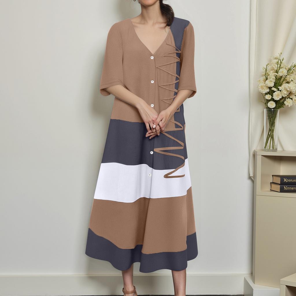 Women's Fashionable V-neck Short Sleeved Button Casual Printed Long Dress