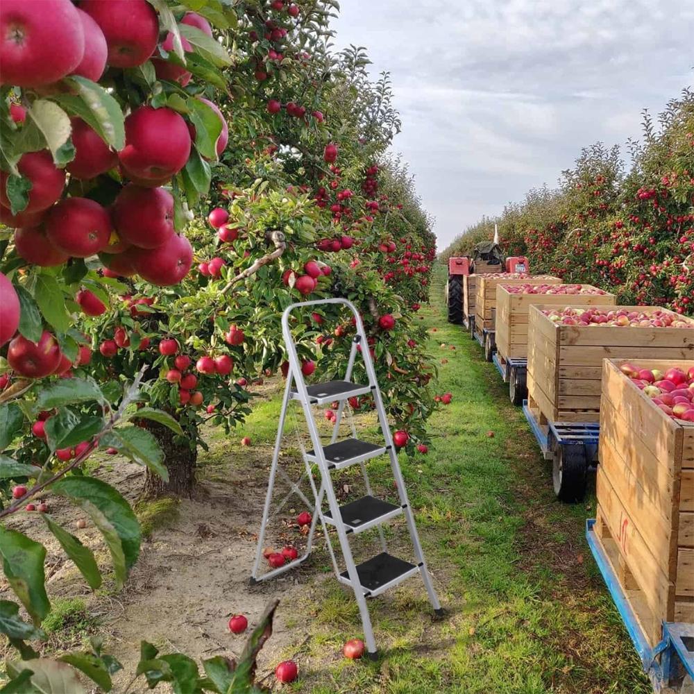 Folding metal ladder for home use, 4 steps, platform, gray, 150 kg