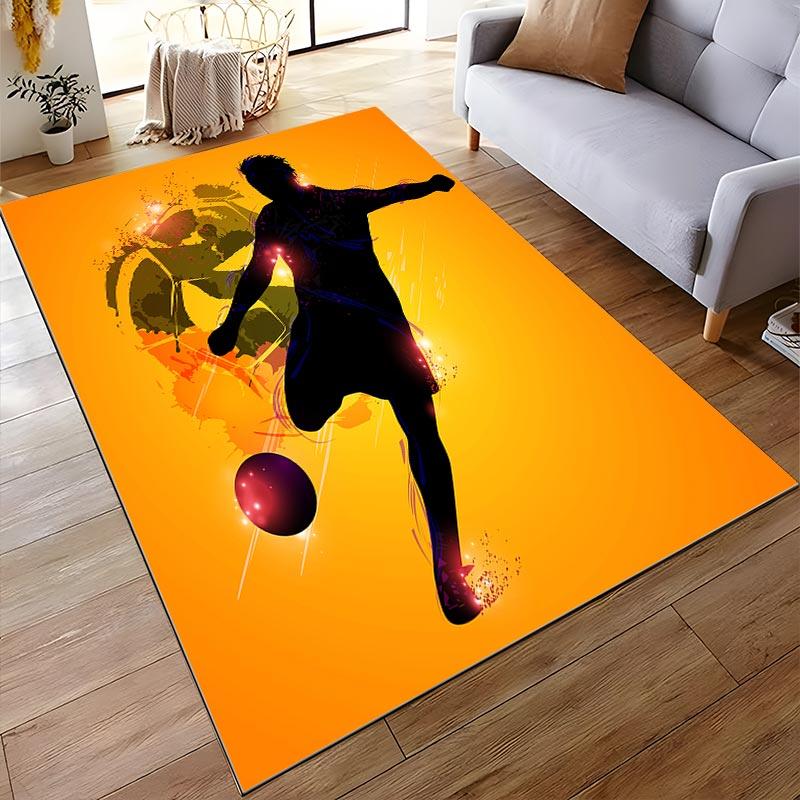 Soccer Player Silhouette on Orange Abstract Art Carpet Design Suitable for use as an anti-slip for living room bedroom sofas