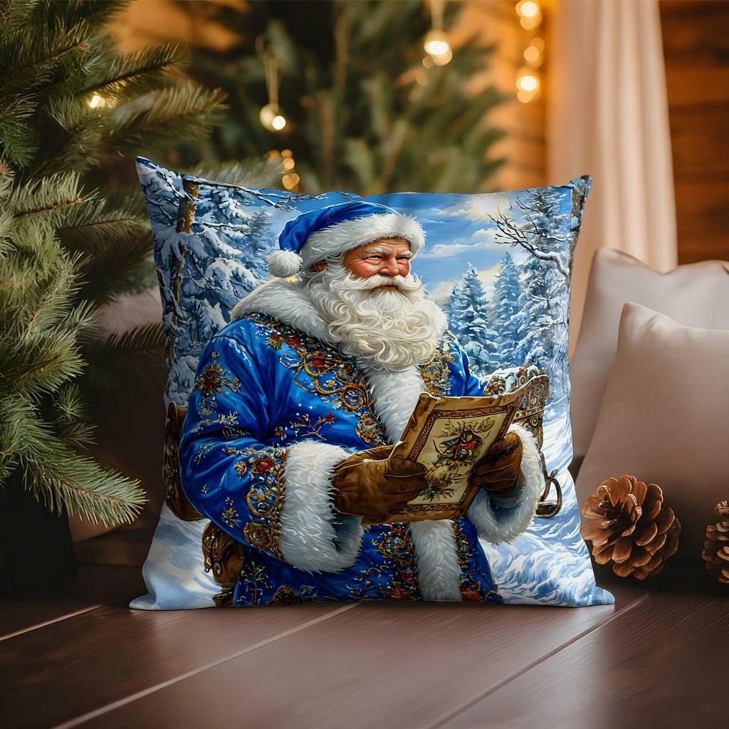 Christmas pillowcase: dreamy patterns of Santa Claus and fairy tale characters, home holiday warm atmosphere