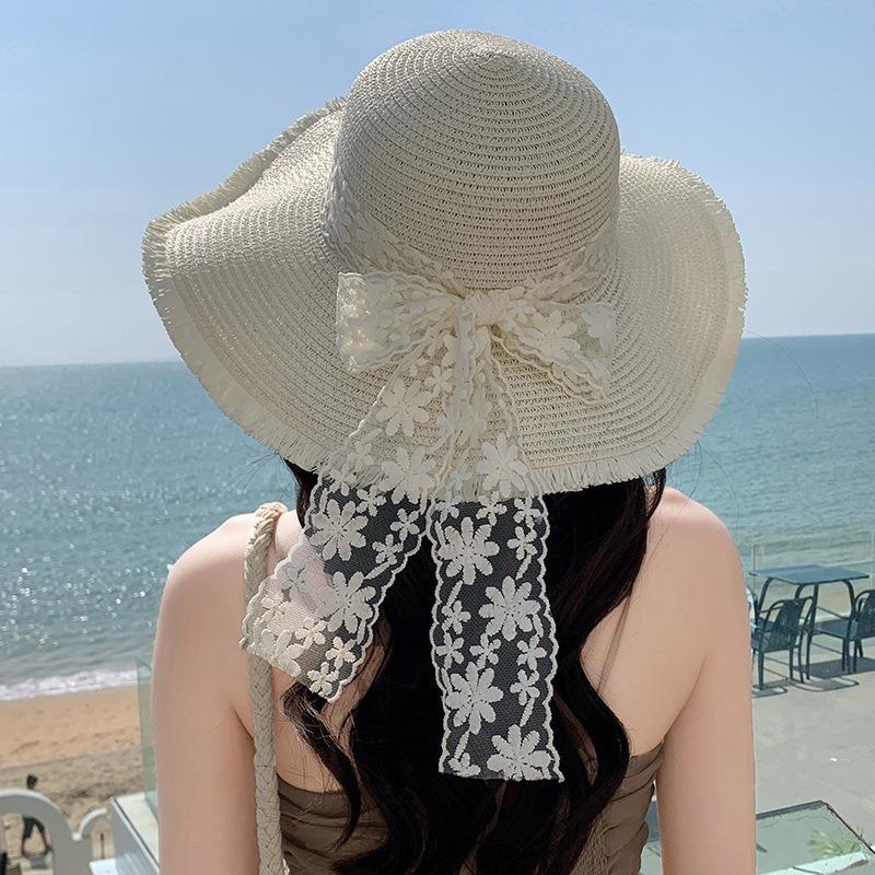 Summer Bow Sun Hat Female, Seaside Beach Vacation Sun Hat Outdoor Big Brim Sun Hat Sweet Straw Hat