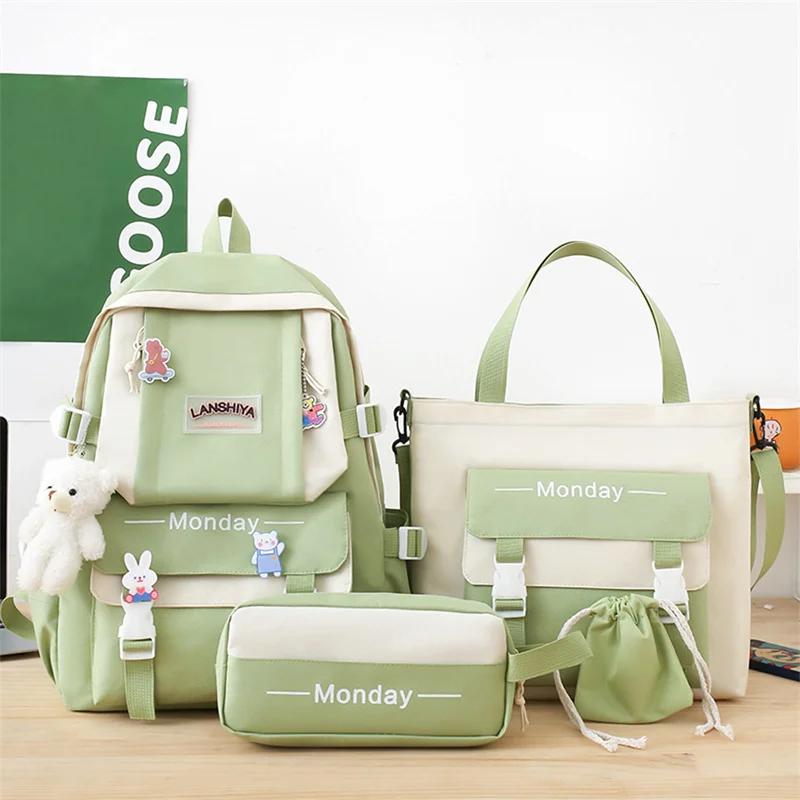 5pcs Sets Children's School Backpack Kawaii Women's Bagpack Bookbag Laptop Bag for Teens Girls  Students Totes Sac