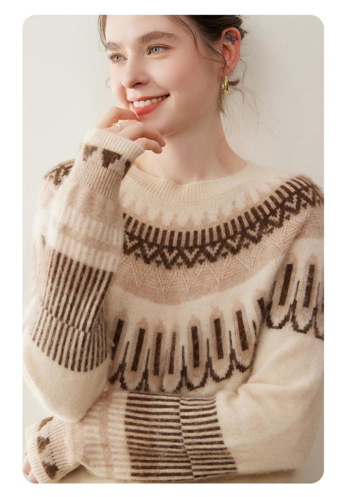 Artistic Retro Fair Isle Cashmere Sweater: 2025 Autumn/Winter Collection, Round Neck, Thick Knitwear, Loose Fit Fashion Base Layer