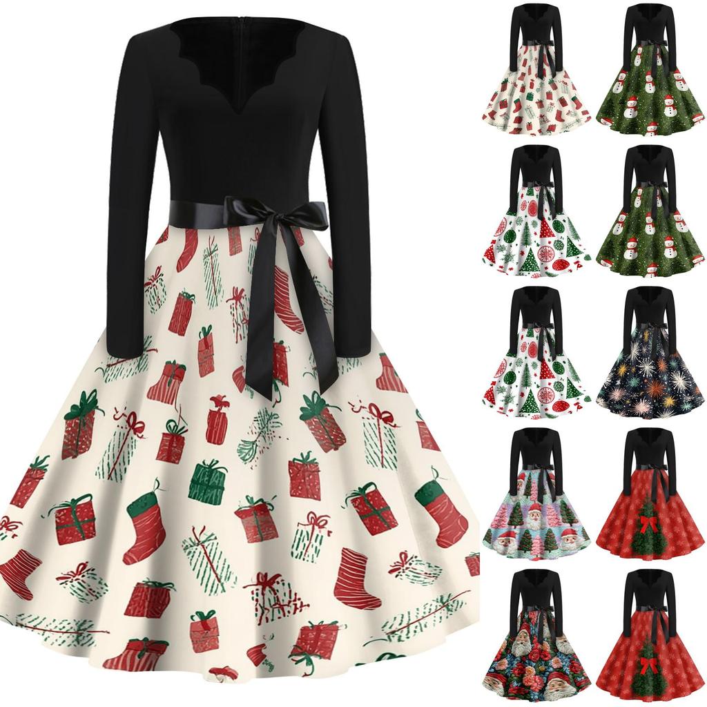 Women's Casual Vintage V-Neck Long Sleeve Dress with Christmas Print