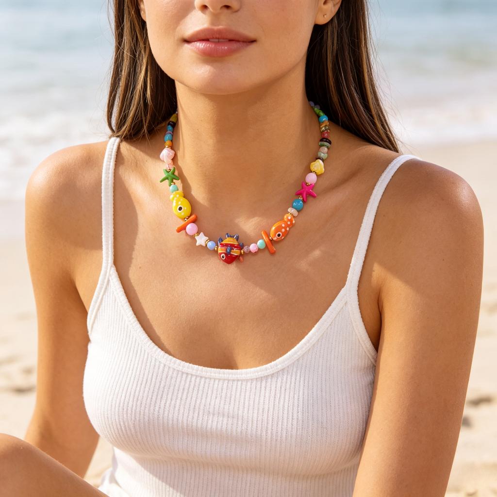 Bohemian Handgefertigt Bunt Samenperlen Halskette Niedlich Meeres Ozean Seestern Fisch Anhänger Choker Einzigartig Tägliches Outfit Sommer Schmuck Geschenk für Sie