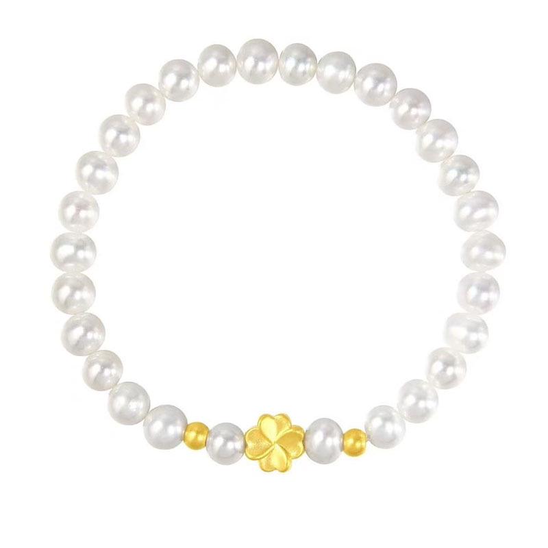 Natural Pearl  Sterling Silver Four-Leaf Clover Bracelet with Gold Beads - Lucky Charm Jewelry Gift