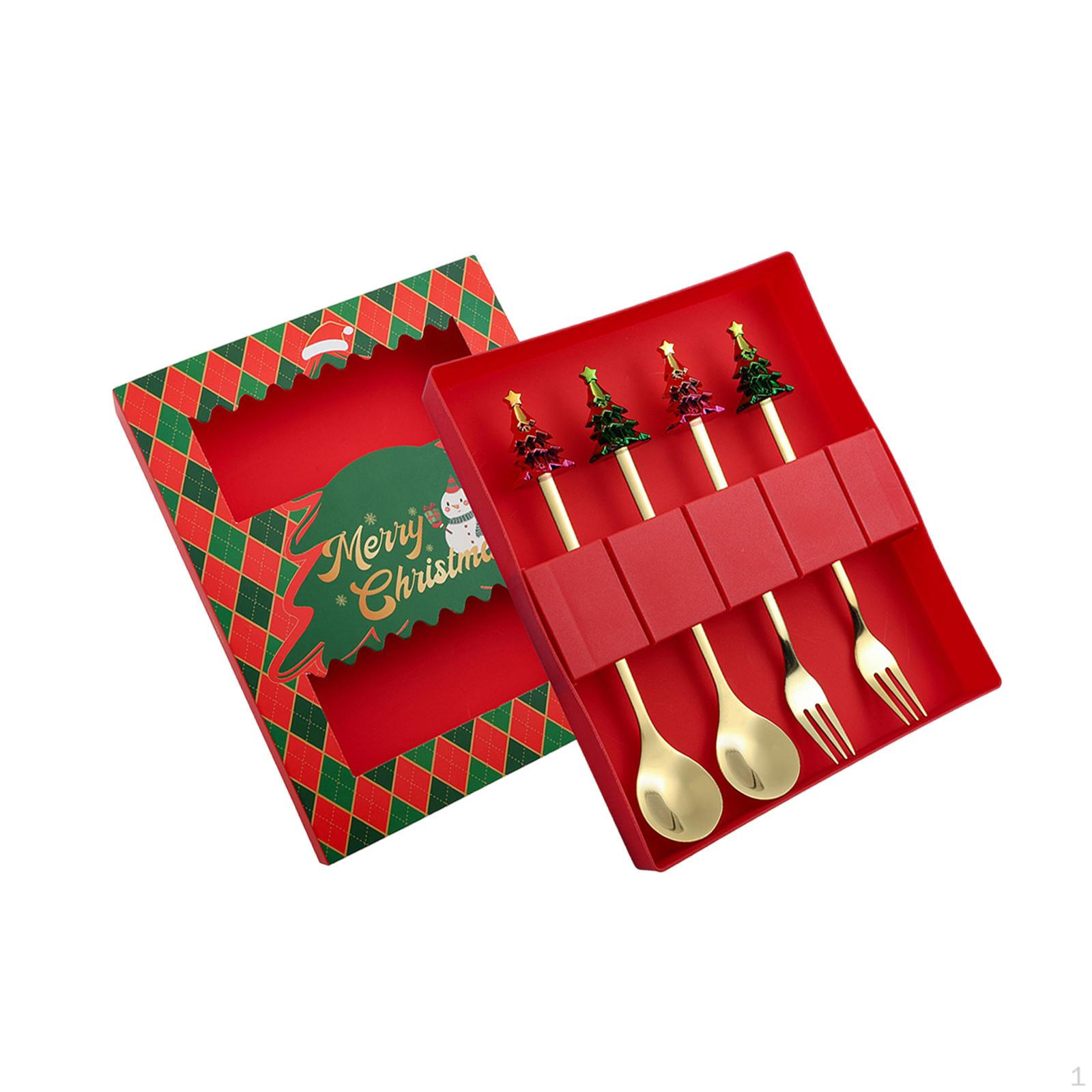 

Набор из 4 ложек и вилок на Рождество, столовые приборы из нержавеющей стали для кофе и десерта tree Gold
