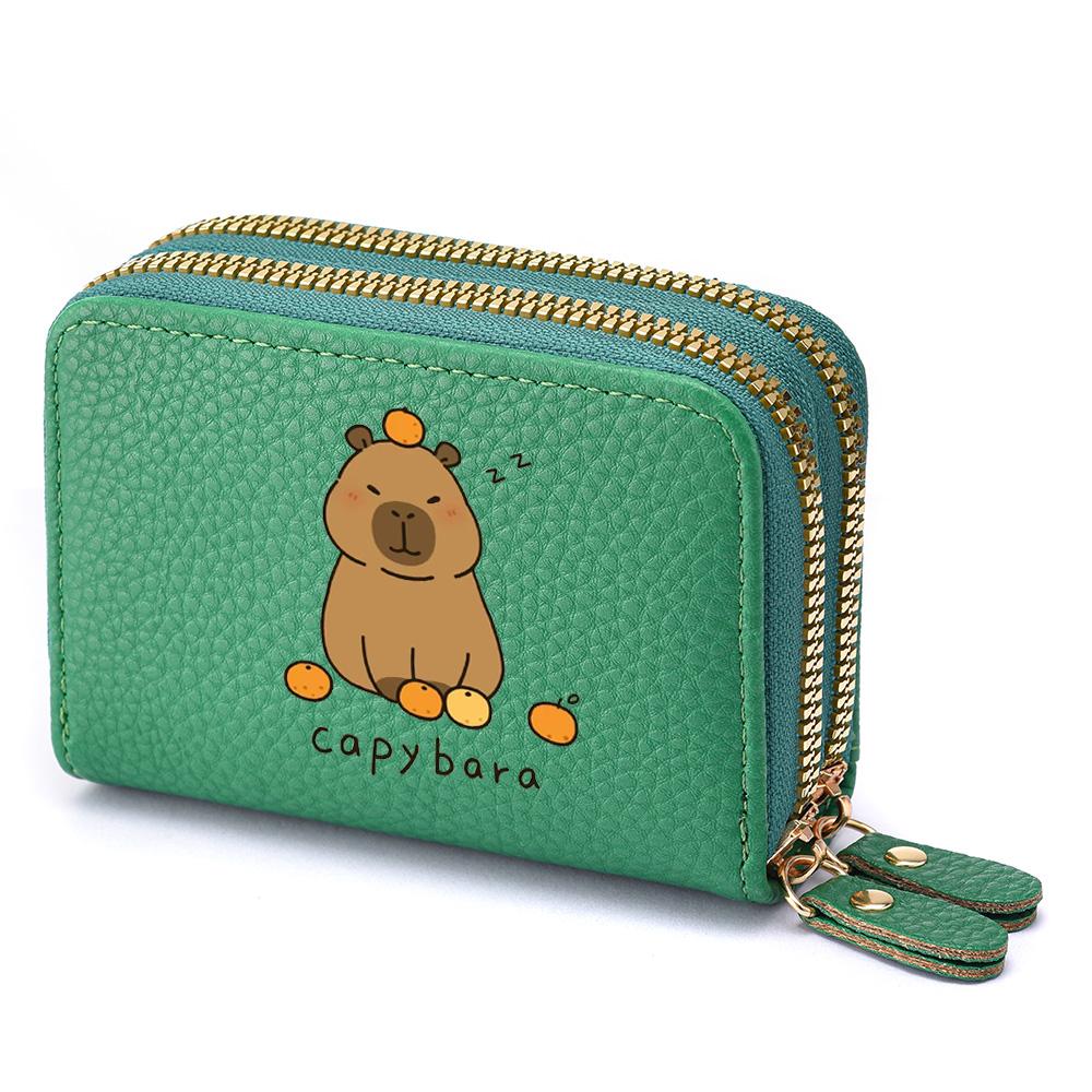 PU Leather Double Zipper With Photo Window Credit Card Holder Women, Cute Cartoon Print Ladies Perfect Birthday Gift