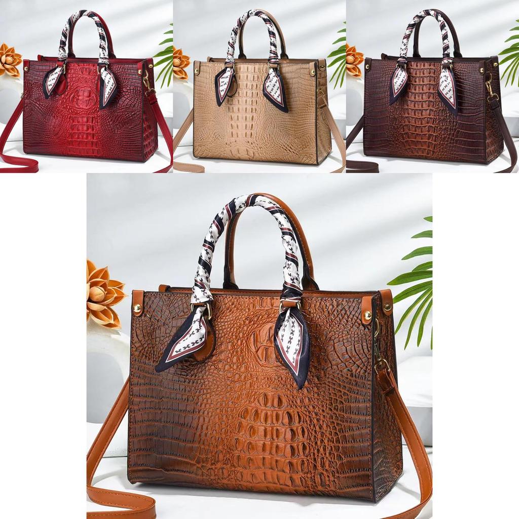 Pu Crocodile Pattern Tote Bag For Women With Zipper Closure And Multiple Pockets