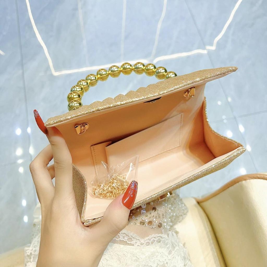 Elegant Pearl String Pleated Clutch - Sparkly Evening Handbag
