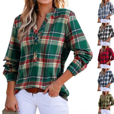 Women's V-neck Plaid Shirt Fashion Casual Shirt Button-up Top