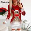 Christmas Dress Women O Neck Long Sleeve Elk Print Mini Dresses For Women Casual Bodycon Dress Red