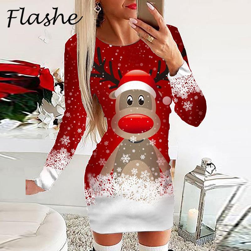 Christmas Dress Women O Neck Long Sleeve Elk Print Mini Dresses For Women Casual Bodycon Dress Red