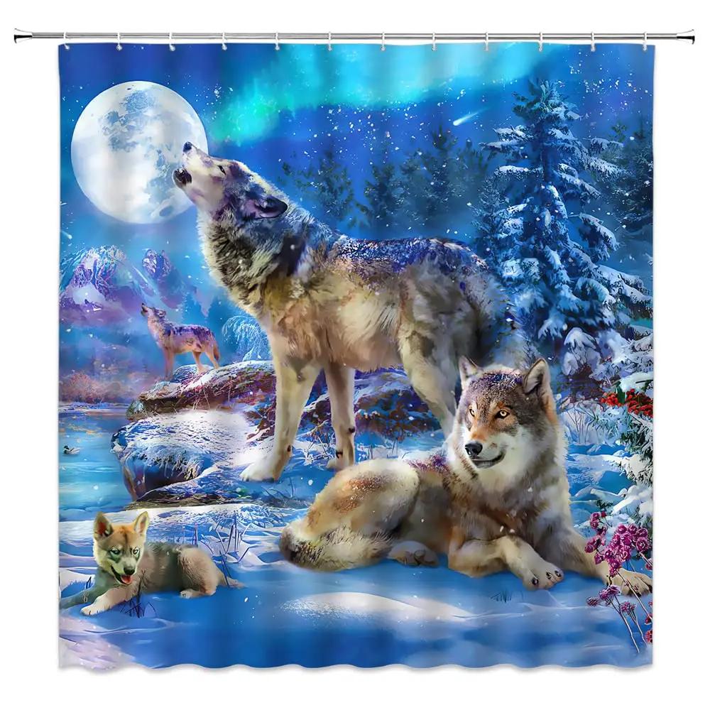 Wolf Silhouette Shower Curtain Black White Howling Thunderstorm Animal Moon Light Mystic Decor Bathroom Set Waterproof With Hook