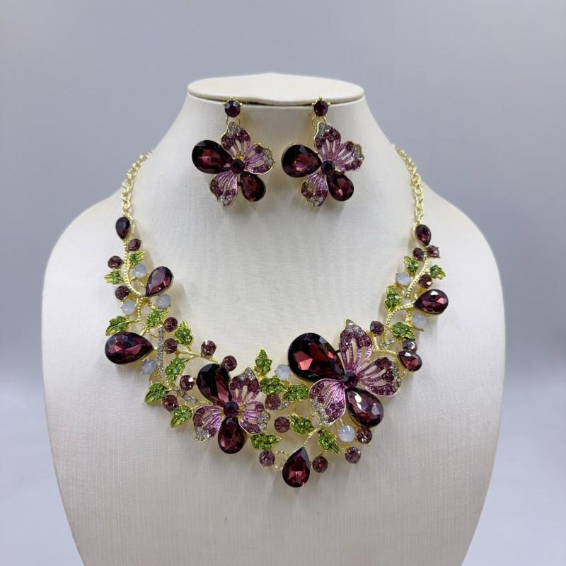 Sparkling Colorful Crystal Gemstone Necklace Earring Set Women Wedding Party Stage Accessory Floral Fashion Jewelry