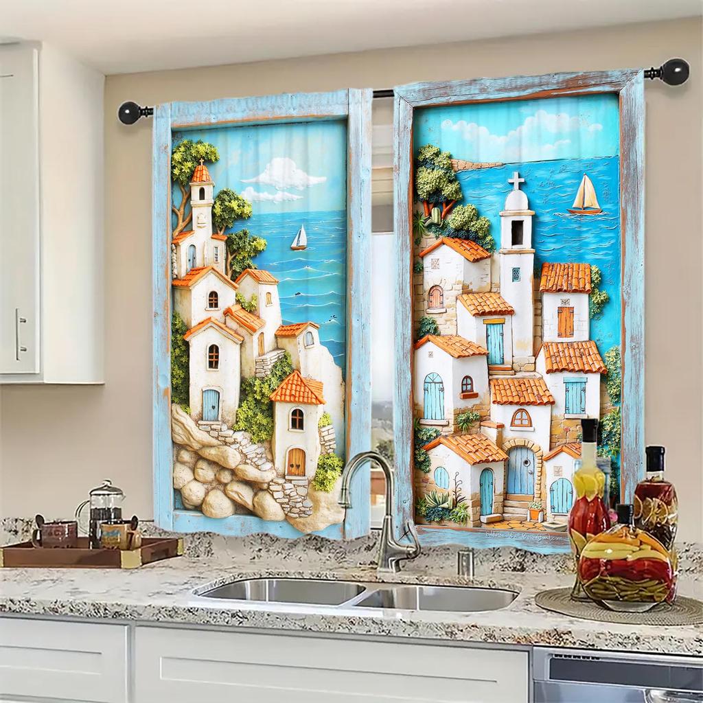 2pcs Seaside Town Printed Curtains   Shade and Privacy Protection   Suitable for Decorating Various Rooms
