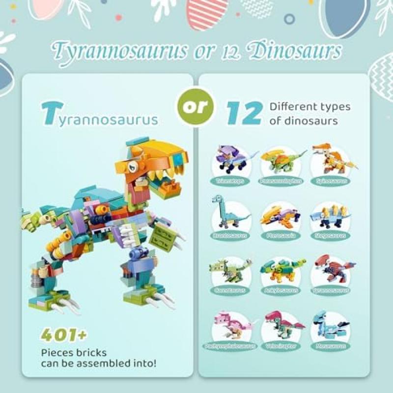 Prefilled Dinosaur Easter Eggs, 12-in-1 DIY Dino Building Toy Set, Fillable Easter Basket Stuffers Kids Toys for Boys and Girls
