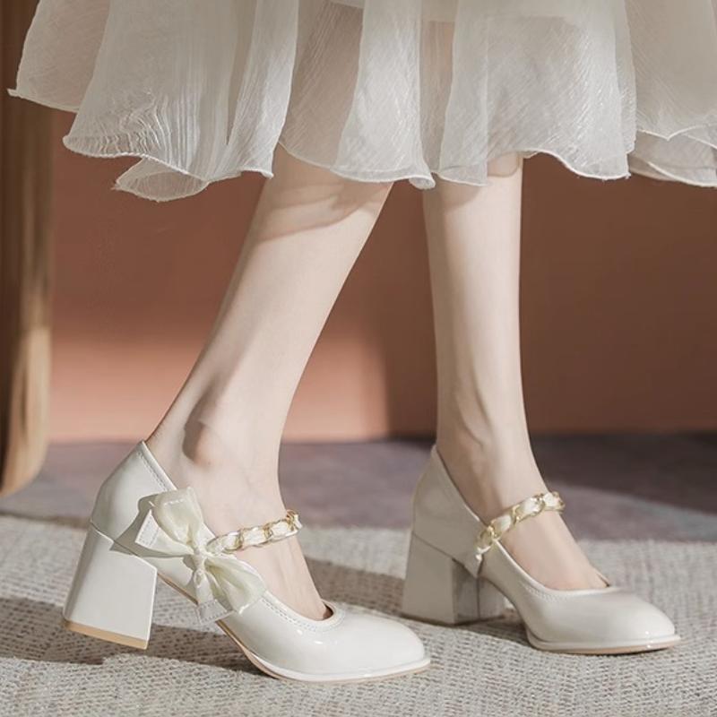 

Fashion French Mary Jane High Heels for Women with Dress Wedding Shoes Bow Thick Heels High Quality Single Shoes 35 бежевый