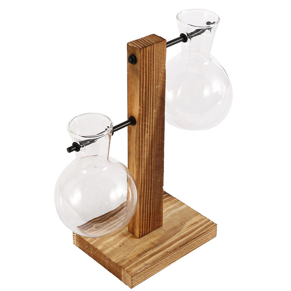 Glass Vase Hydroponic Plant Container Desktop Planter Wooden Vase Stand Bulb Water Planting Propagation Flower Vase Planters