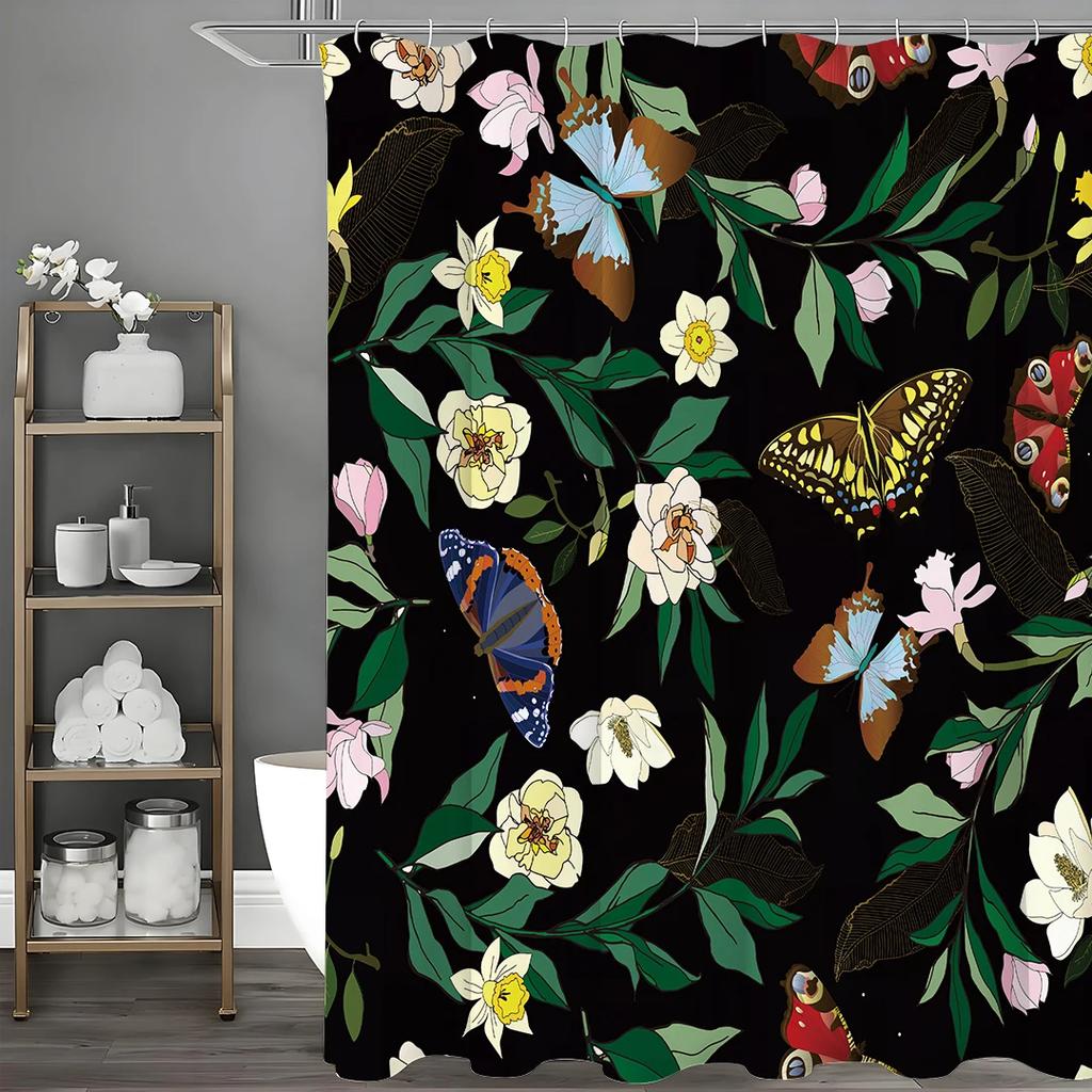 Butterfly Flower Green Leaf Shower Curtain, Bathroom Decorative Shower Curtain, Waterproof Shower Curtain with Hooks