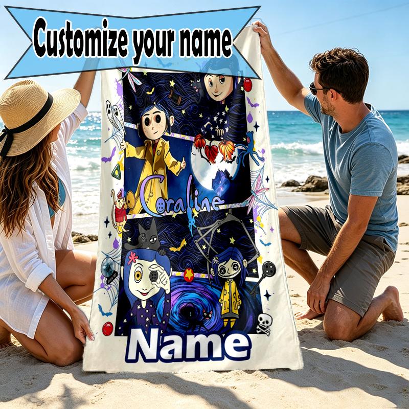 Custom Name Personalized Coraline Print Beach Towel, for Trip Camping Beach Party Home Decor, Birthday Gift for Family & Friends