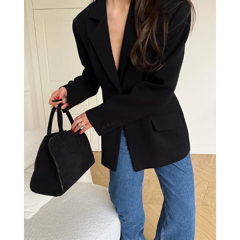 Vintage Black Narrow Cut Waist Fitted Blazer For Women Commute Office Outerwear