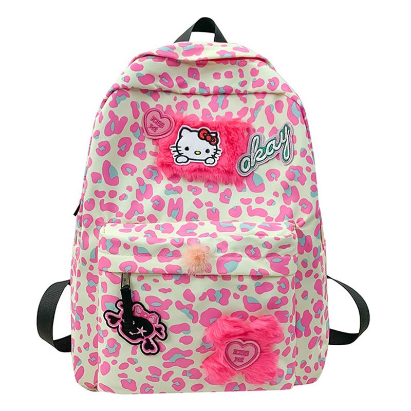 Joli Sac à Dos Cartoon Imprimé Léopard Kt Mignon Rose Grande Capacité Sac d'École Étudiant Y2K Coréen Décontracté Oxford