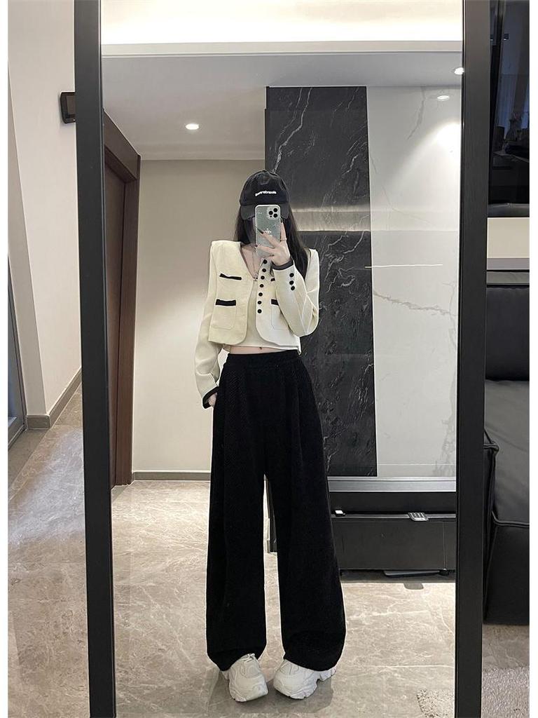 Women's 2024 Autumn/Winter Fleece-Lined Wide-Leg Striped Pants