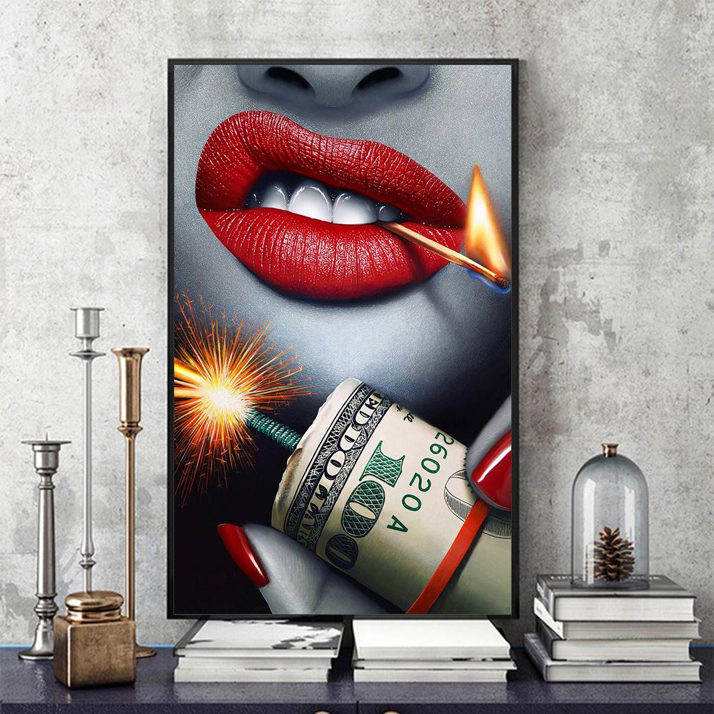 Hot Sexy Girl's Poster Red Lips Dollar Fireworks Dangerous Money Art Painting Poster Prints Decorative Painting Wall Art Canvas