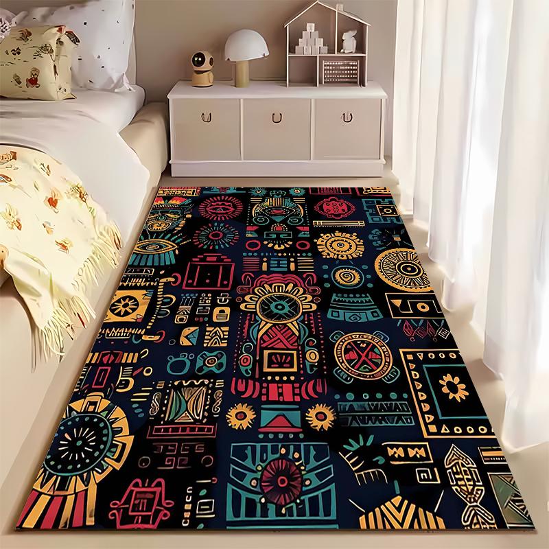 Colorful Ethnic Geometric Pattern Carpet with Abstract Tribal Design Suitable for Use As an Anti-slip for Living Room Bedroom Sofas