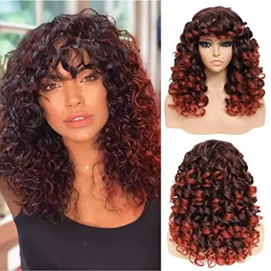 Long Deep Curly Synthetic Hair Replacement Wig with Bangs Big Curly Wigs for Black Women 20 Inch Kinky Curly Wig For Daily Use