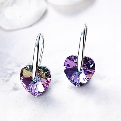 Genuine 925 Sterling Silver Earrings 2022 Blue Purple Crystals Heart Shaped Drop Hanging Earrings for Women Fine Jewelry Gifts
