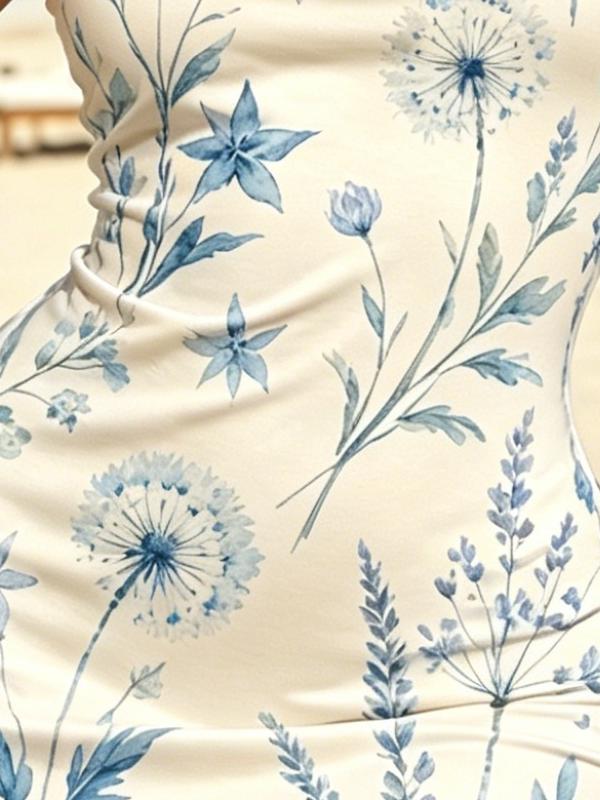 Botanical Watercolor Floral Sleeveless Bodycon Mini Dress, Round Neck Slim Fit Casual Vacation Cover-Up