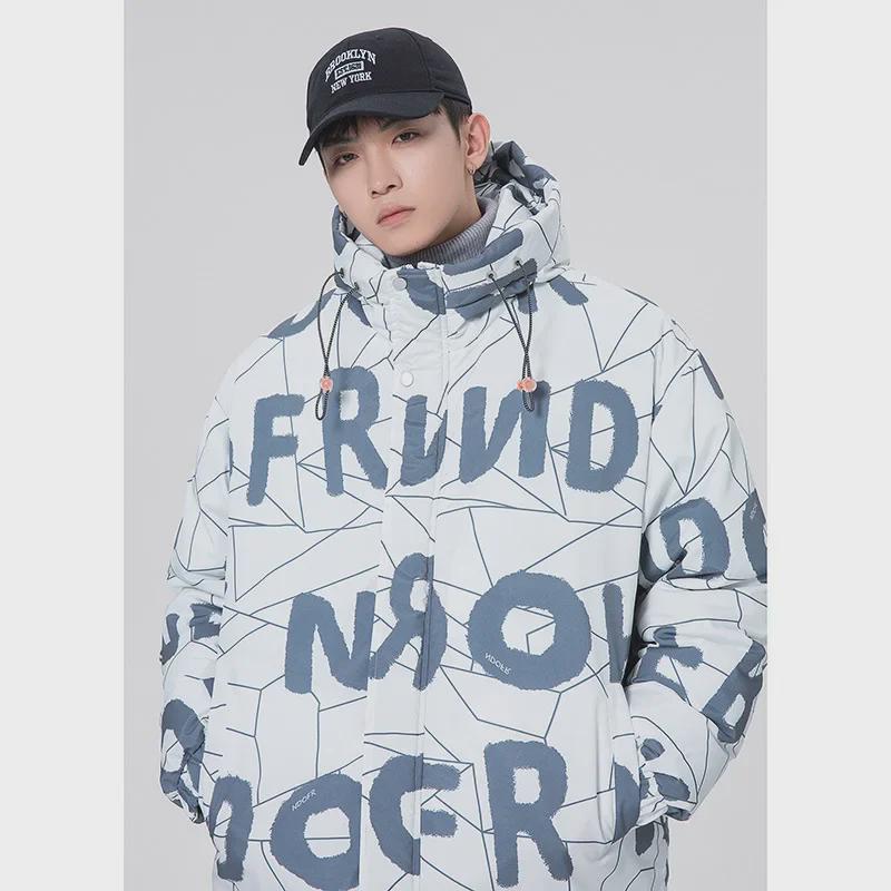 Amerikanischer Stil Herren Baumwollmantel mit Kapuze - Neuer Wintertrend, Buchstabenprint, Lockere Passform, Stilvoll für Teenager und Studenten